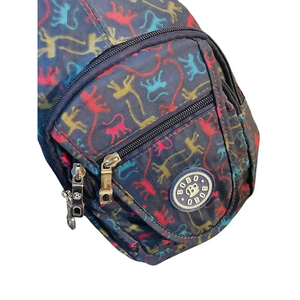 Bobo Obob Monkey Print Sling Backpack Crossbody Bag 4 Pocket Blue Colorful